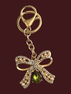 Pearl & Crystal Bag Charm / Keychain with Peridot Green Teardrop Gem